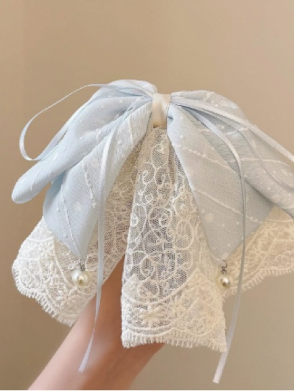Light Blue & White Lace Bow Hair Clip with Pearl Drops